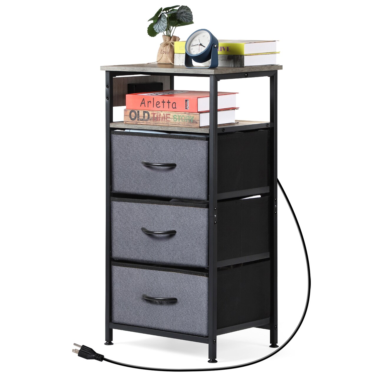 3-Drawer Nightstand with Charging Station, 30" Tall Bedside Table with USB Ports & Fabric Drawers